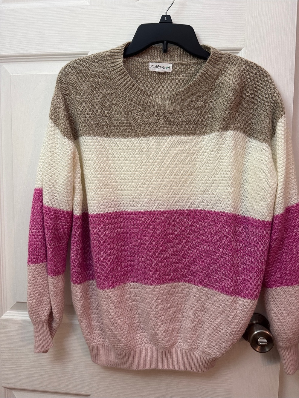 MARINA Striped Colorblock Crewneck Sweater in Pink, Cream & Brown